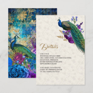 Carte D'accompagnement Royal Blue Purple Floral Peacock Détails du Mariag