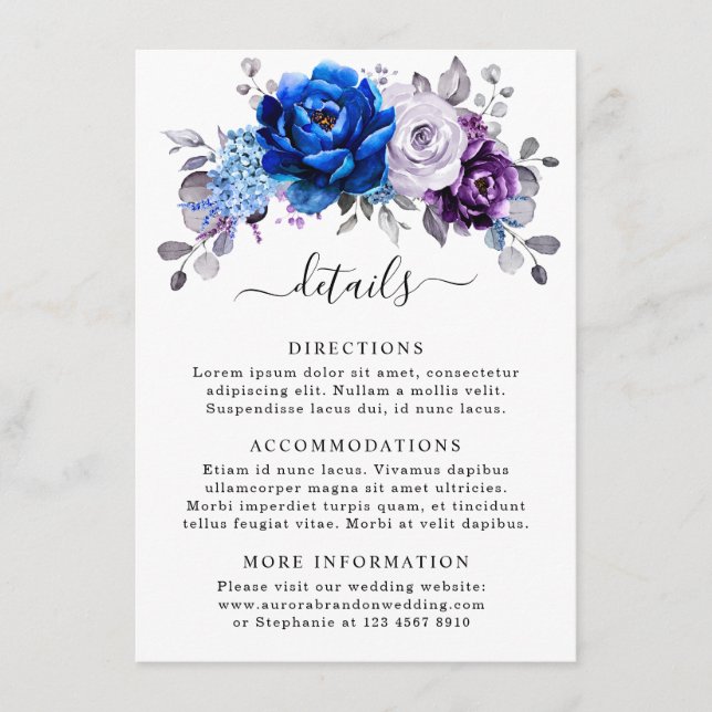Carte D'accompagnement Royal Blue Purple Navy Lilac Blooms Wedding Detail (Devant)