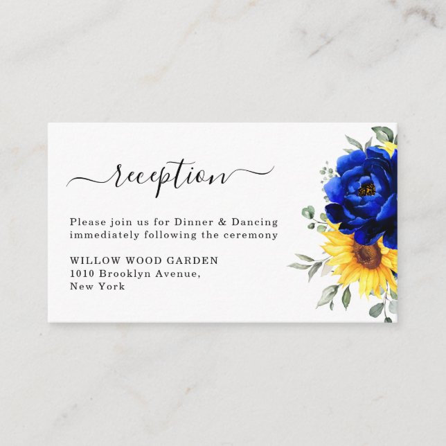 Carte D'accompagnement Royal Blue Rustic Sunflower Réception de mariage (Devant)