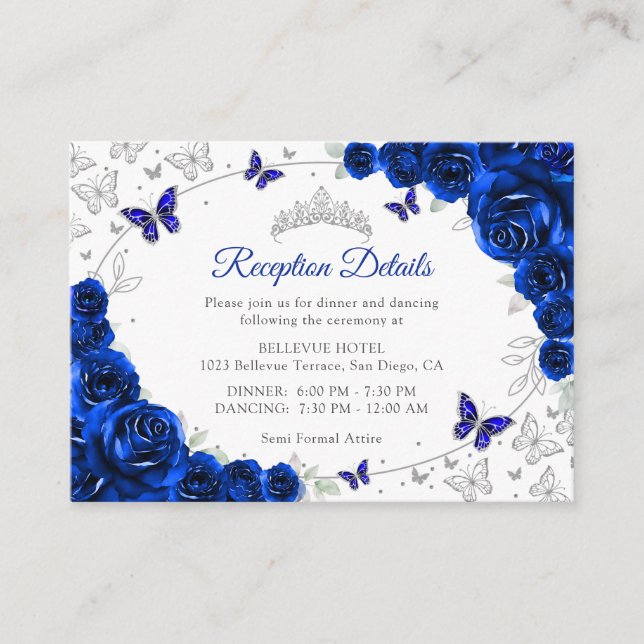 Carte D'accompagnement Royal Blue Silver Quinceanera Reception Details (Devant)