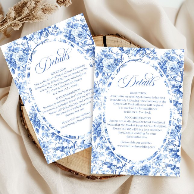 Carte D'accompagnement Royal blue toile floral wedding accommodation  (Royal blue toile floral wedding accommodation details card

)