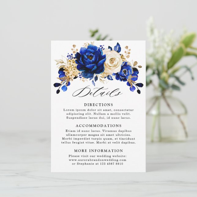 Carte D'accompagnement Royal Blue Yellow Gold Floral Détails du Mariage (Debout devant)