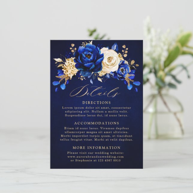 Carte D'accompagnement Royal Blue Yellow Gold Floral Détails du Mariage E (Debout devant)