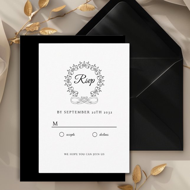 Carte D'accompagnement Royal, Élégant, Mariage RSVP (Royal, Elegant, Classic, Crest, Wedding Invitation Wedding RSVP. White and Black.)