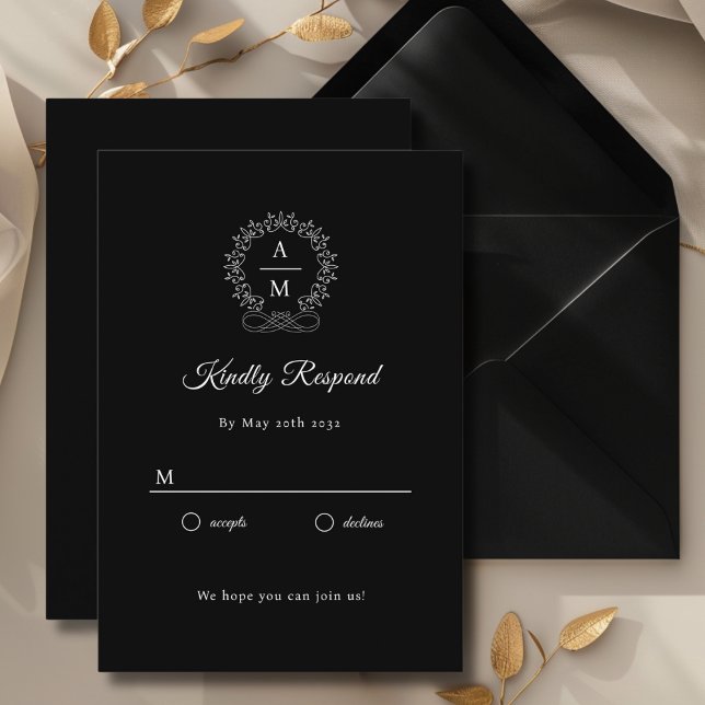 Carte D'accompagnement Royal, Élégant, Mariage RSVP (Monogram, Royal, Elegant, Black, Wedding RSVP Cards with scripted font. Personalized in minutes.)