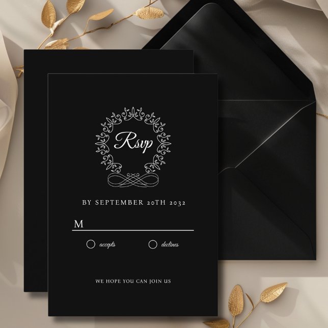 Carte D'accompagnement Royal, Élégant, Mariage RSVP (Royal, Elegant, Classic, Crest, Wedding Invitation Wedding RSVP. White and Black.)