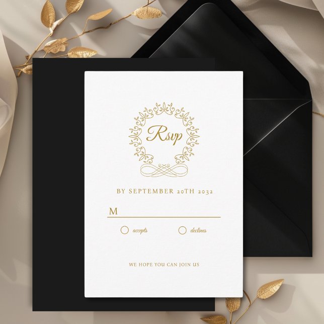 Carte D'accompagnement Royal, Élégant, RSVP de mariage  (Royal, Elegant, Classic, Crest, Wedding Invitation Wedding RSVP. White and Gold-Beige.)