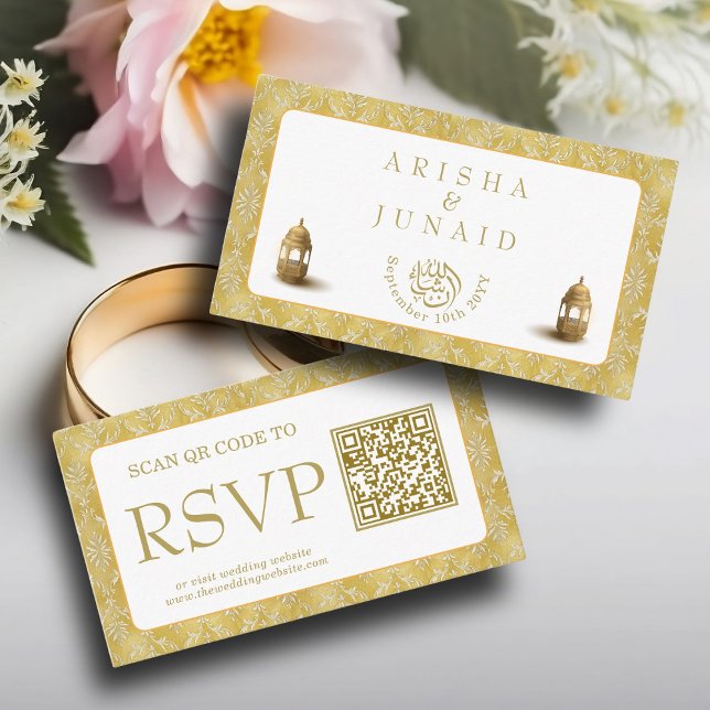 Carte D'accompagnement Royal Gold Damask Muslim QR Code RSVP Wedding Webs (Créateur téléchargé)