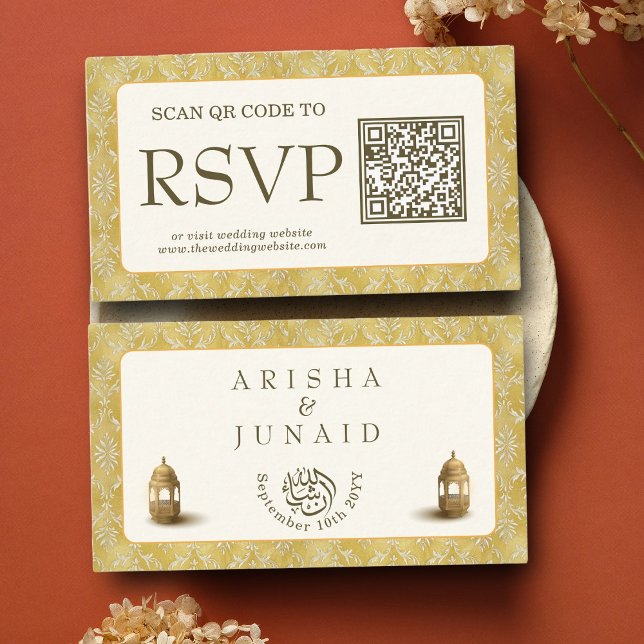 Carte D'accompagnement Royal Gold Damask Muslim QR Code RSVP Wedding Webs (Créateur téléchargé)