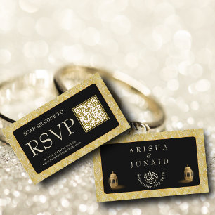 Carte D'accompagnement Royal Gold Damask Muslim QR Code RSVP Wedding Webs