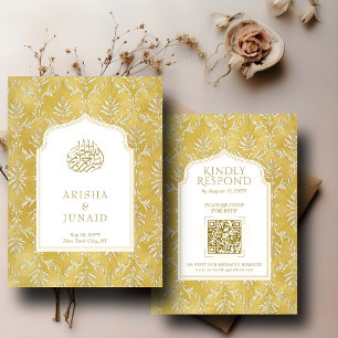 Carte D'accompagnement Royal Gold Damask Muslim QR Code RSVP Wedding Webs