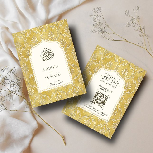 Carte D'accompagnement Royal Gold Damask Muslim QR Code RSVP Wedding Webs (Créateur téléchargé)