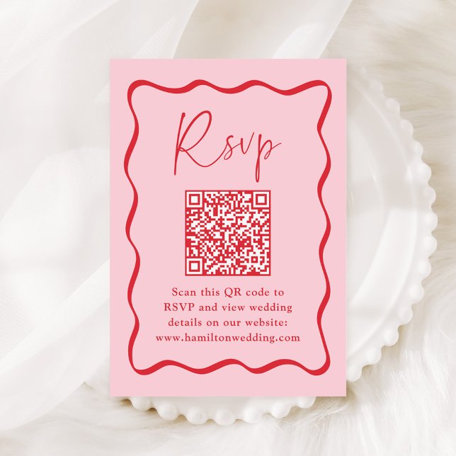 Carte D'accompagnement RSVP au code QR avec cadre ondulé rose et rouge mo (Créateur téléchargé)