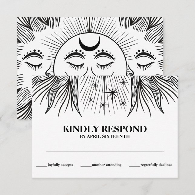 Carte D'accompagnement RSVP au Mariage Mainserrée Bohème Soleil Lune Étoi (Devant / Derrière)