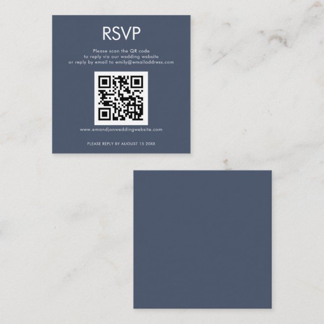 Carte D'accompagnement RSVP de mariage simple code QR bleu marine poussié (Devant / Derrière)