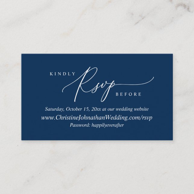 Carte D'accompagnement RSVP en ligne, Moderne Simple Marine Bleu Script E (Devant)