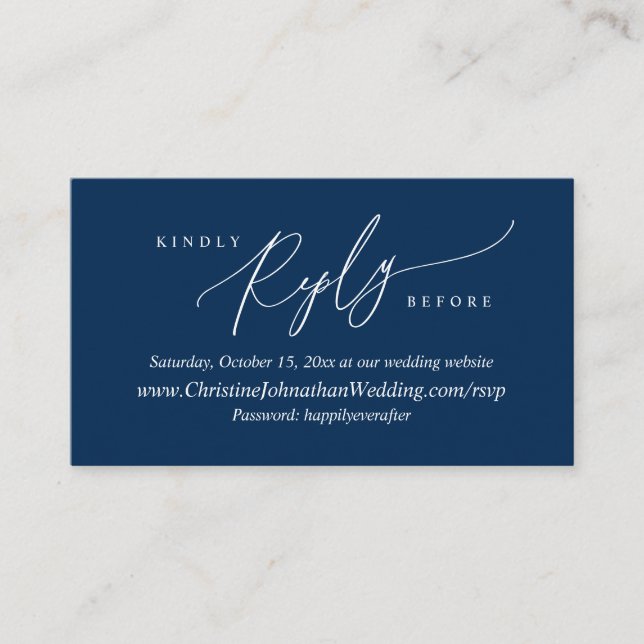 Carte D'accompagnement RSVP en ligne, Moderne Simple Marine Bleu script E (Devant)