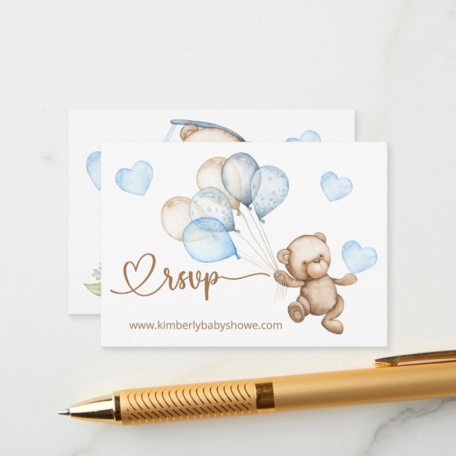 Carte D'accompagnement RSVP en ligne Teddy Bear Bear Baby shower Enclo (Devant/Arrière en situation)