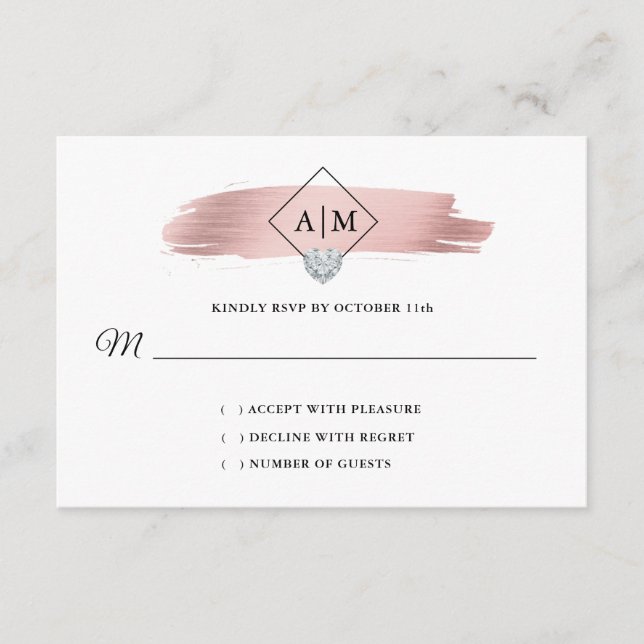 Carte D'accompagnement RSVP Mariage Rose Gold Foil Coeur Monogrammes (Devant)