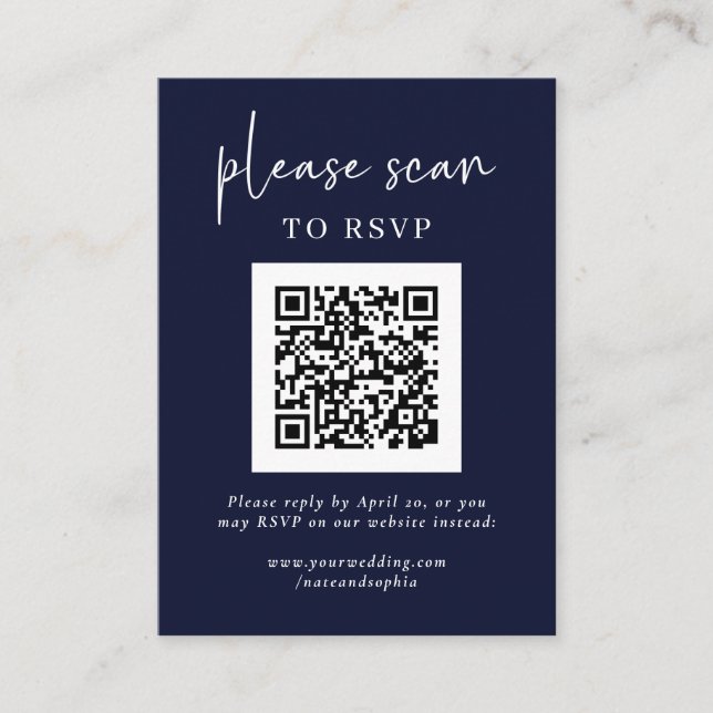 Carte D'accompagnement RSVP moderne simple avec code QR | bleu marine (Devant)