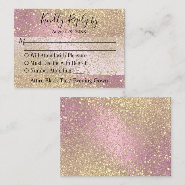 Carte D'accompagnement RSVP - Paillettes roses et or (Devant / Derrière)