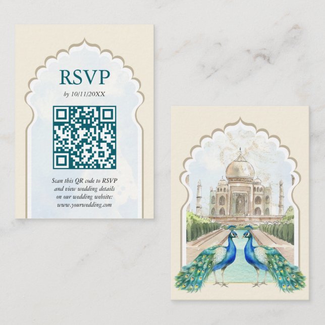 Carte D'accompagnement RSVP Peacock Taj Mahal Code QR du Mariage indien (Devant / Derrière)