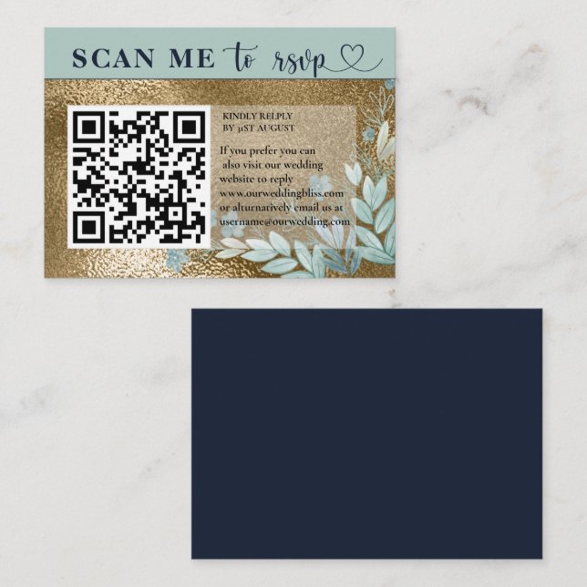 Carte D'accompagnement RSVP QR Code moderne Marine Blue & Gold Mariage (Devant / Derrière)