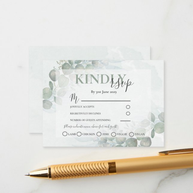 Carte D'accompagnement RSVP Russe Eucalyptus Sage Mariage vert (Devant/Arrière en situation)