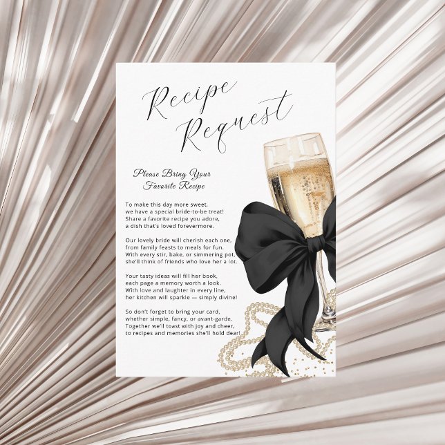 Carte D'accompagnement Rubans noirs et perles pour la mariée avec prosecc (Coquette Black Bow & Pearls Bridal Shower Enclosure card)