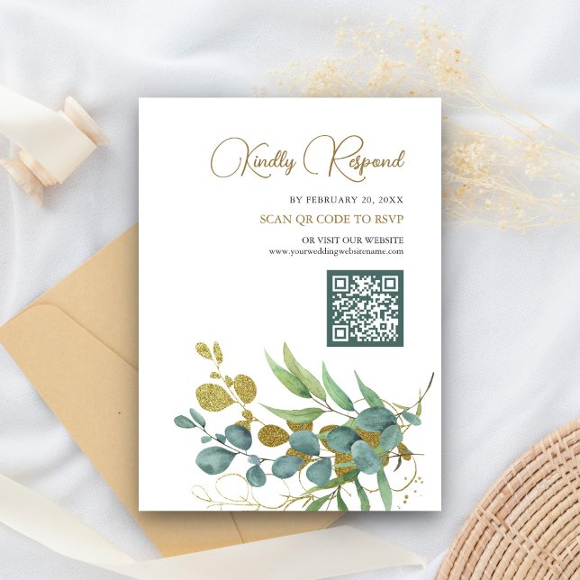 Carte D'accompagnement Russe Eucalyptus Gold Branch QR Code RSVP Mariage (Créateur téléchargé)