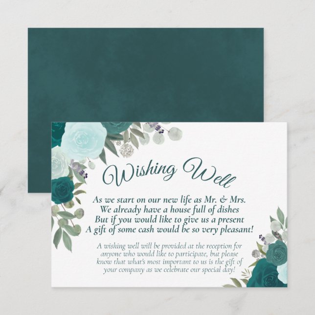 Carte D'accompagnement Russe Turquoise Boho Floral Mariage Wishing well (Devant / Derrière)