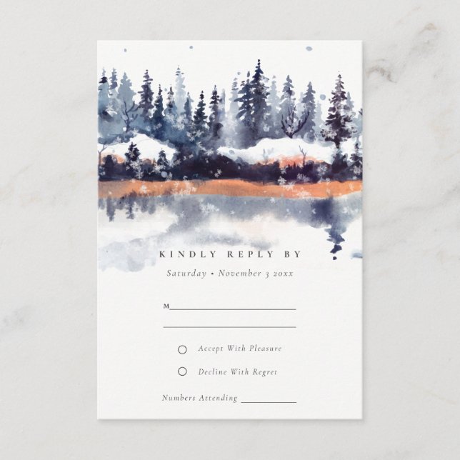 Carte D'accompagnement Rust Navy Winter Pine Forest Neige Mariage RSVP (Devant)