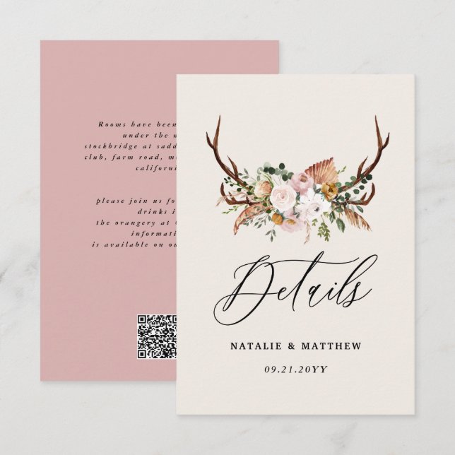Carte D'accompagnement Rustic Antler Floral Wedding woodland Boho Details (Devant / Derrière)