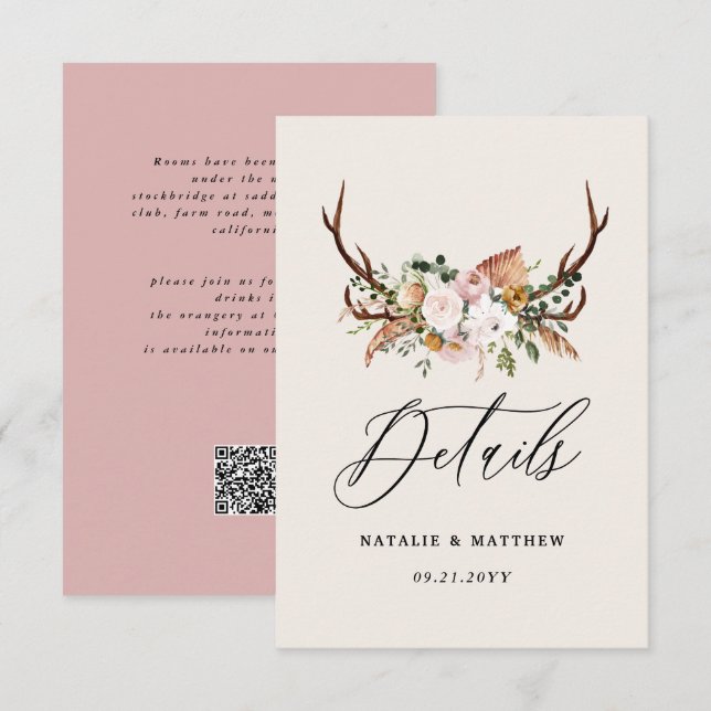 Carte D'accompagnement Rustic Antler Floral Wedding woodland Boho Details (Devant / Derrière)