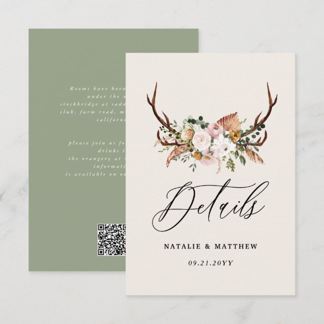 Carte D'accompagnement Rustic Antler Floral Wedding woodland Boho Details (Devant / Derrière)