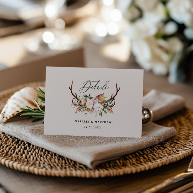 Carte D'accompagnement Rustic Antler Floral Wedding woodland Boho Details (Créateur téléchargé)