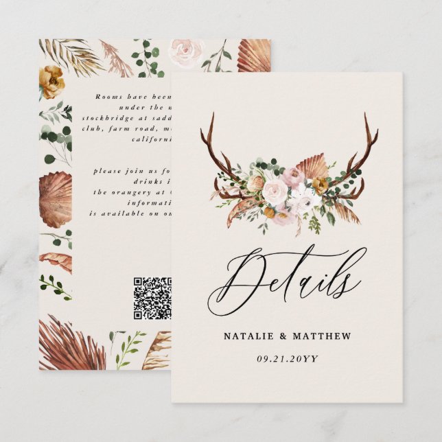 Carte D'accompagnement Rustic Antler Floral Wedding woodland Boho Details (Devant / Derrière)