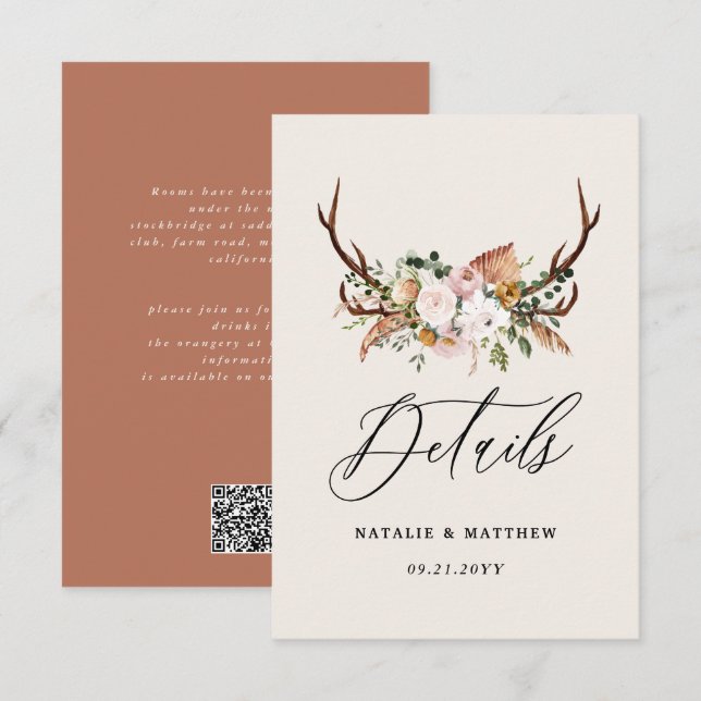 Carte D'accompagnement Rustic Antler Floral Wedding woodland Boho Details (Devant / Derrière)