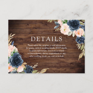 Carte D'accompagnement Rustic Blush Pink & Navy Détails de mariage élégan