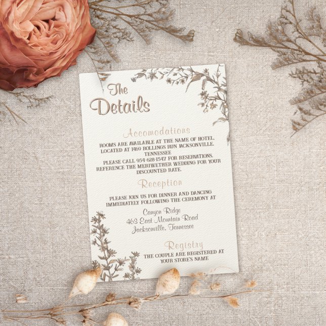 Carte D'accompagnement Rustic Boho Neutral Wildlfower Détails du Mariage (Créateur téléchargé)