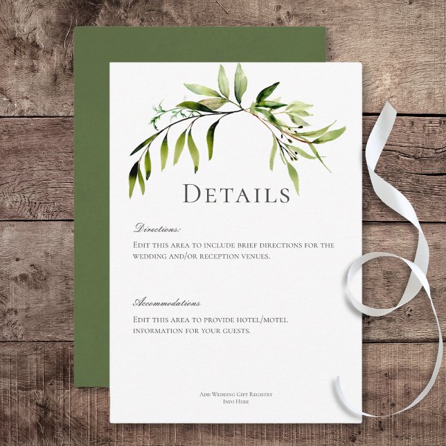 Carte D'accompagnement Rustic Botanical Greenery Bough Détails du Mariage (Rustic Botanical Greenery Bough Wedding Details Card)