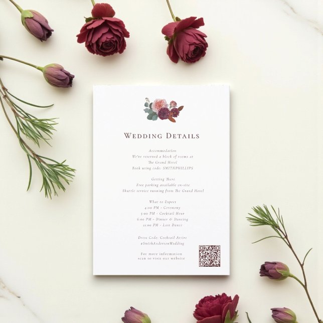 Carte D'accompagnement Rustic Burgundy Floral Wedding Info Card (Créateur téléchargé)