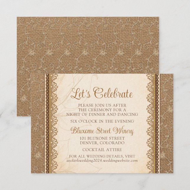Carte D'accompagnement Rustic Burlap LaceWedding Réception Website (Devant / Derrière)
