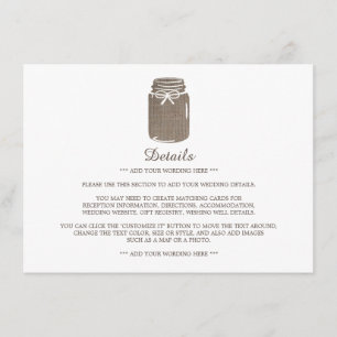 Carte D'accompagnement Rustic Burlap Mason Jar Détail du Mariage