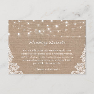 Carte D'accompagnement Rustic Burlap String Lights Lace Détails du Mariag