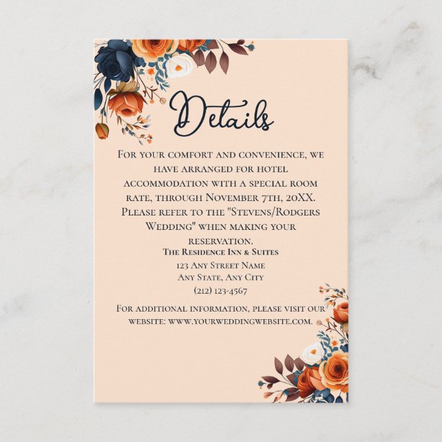 Carte D'accompagnement Rustic Burnt Orange et Mariage bleu Détails (Devant)