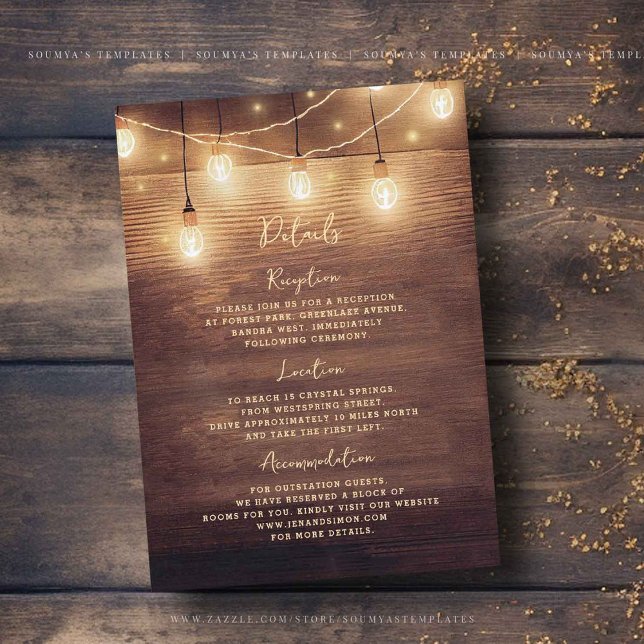 Carte D'accompagnement Rustic Country Wood Lights Lace Détails du Mariage (Créateur téléchargé)