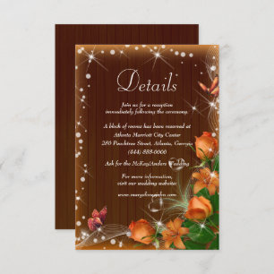 Carte D'accompagnement Rustic Dark Wood Orange Floral Détails Mariage