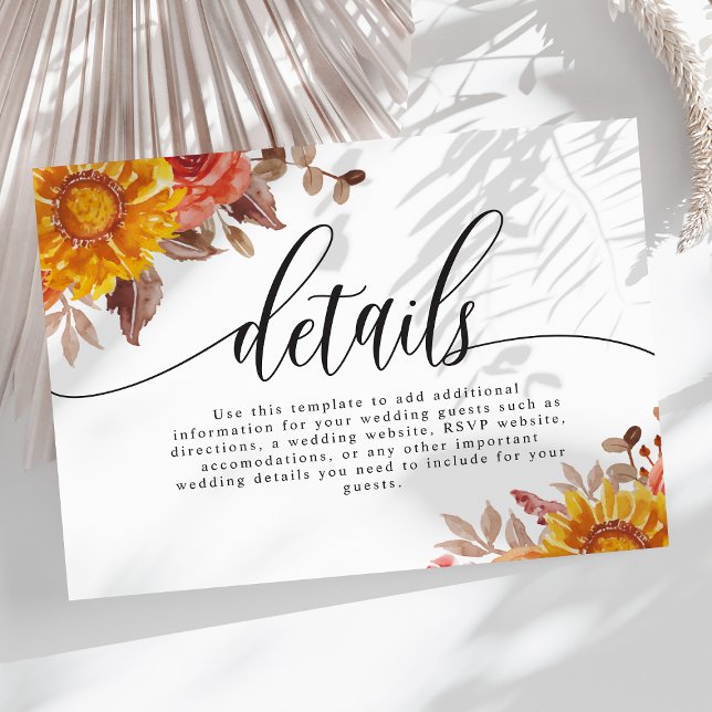 Carte D'accompagnement Rustic Fall Automne Floral Détails du Mariage (Créateur téléchargé)