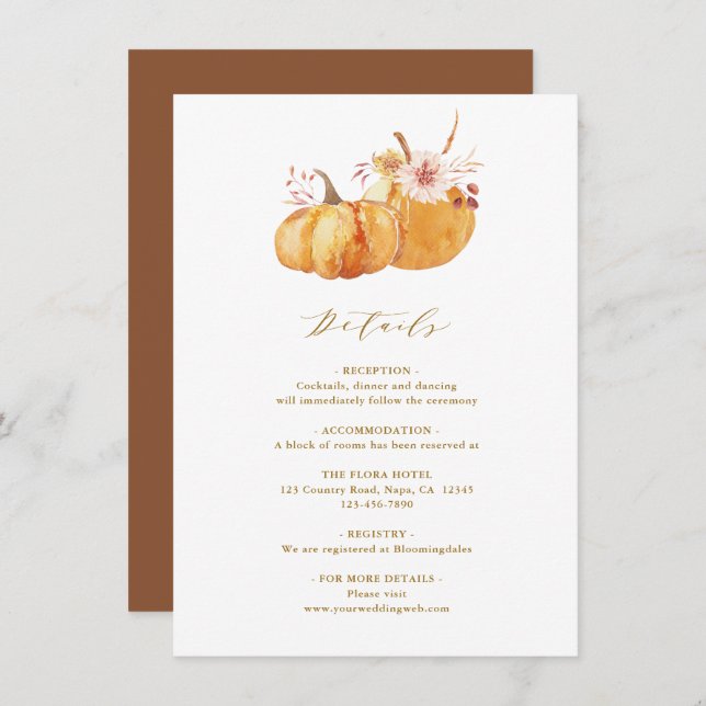 Carte D'accompagnement Rustic Fall Floral Citrouille Détails Mariage Or (Devant / Derrière)